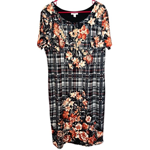 Floral & Plaid Short-Sleeve A-Line Dress XL Made In Vietnam - Picture 1 of 4